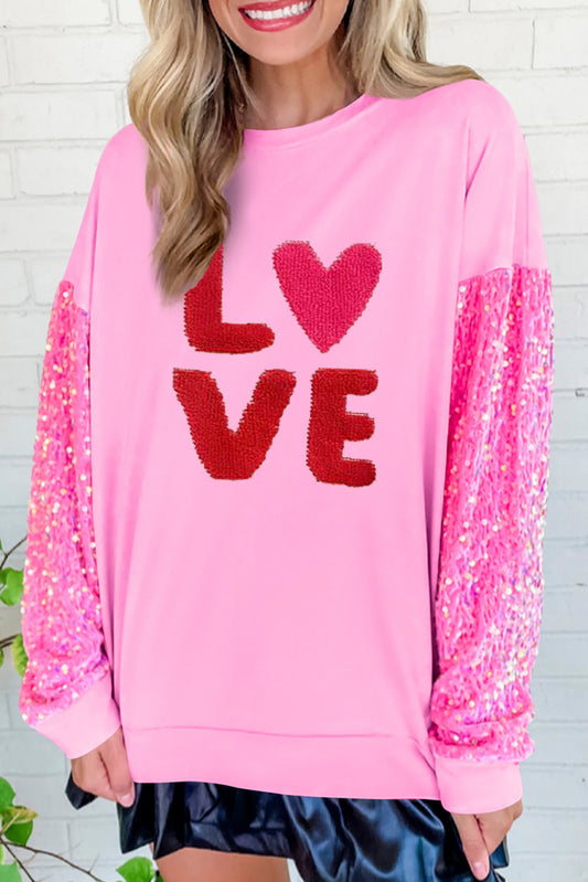 Pink Valentines LOVE Graphic Sequin Sleeve Top