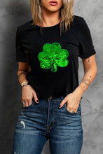 Black Sequin Clover Embroidered Round Neck Graphic Tee