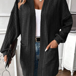 Black Textured Knit Side Pockets Open Front Cardigan