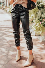 Black Faux Leather Ankle Smocked Waist Drawstring Joggers