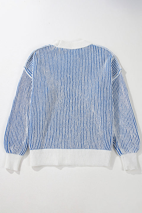 Dark Blue Striped Textured Knit Contrast Edge Loose Sweater