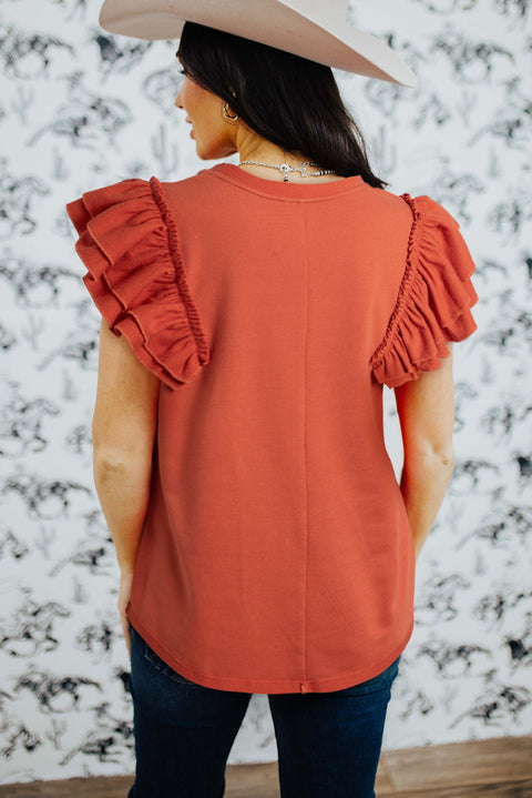 Orange Tiered Ruffled Sleeve Crew Neck T Shirt