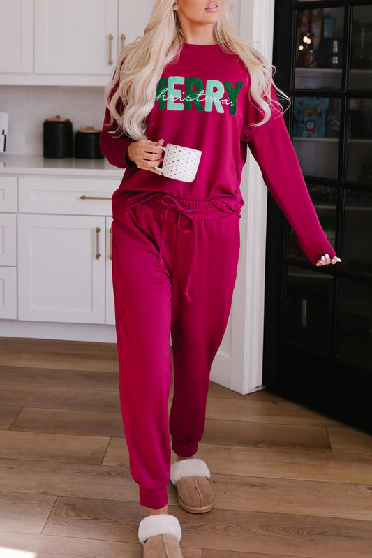 Red MERRY Christmas Pullover and Drawstring Jogger Set