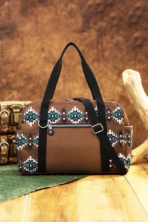 Coffee Western Aztec Print PU Leather Large Travel Duffel Bag