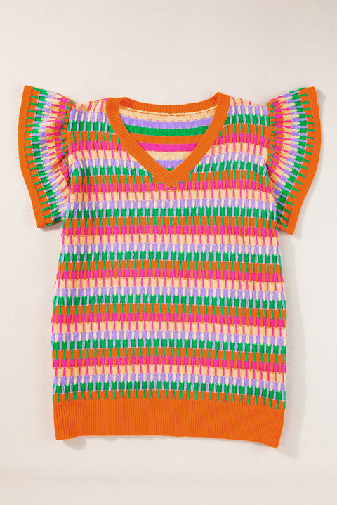 Orange Multicolor Flutter Sleeve Knitted Sweater Top