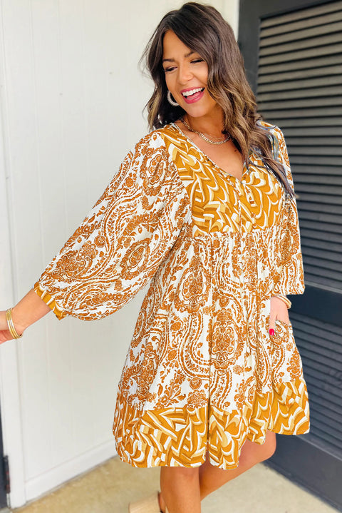 Yellow Bohemian Print Puff Sleeve Tied V Neck Flared Mini Dress