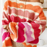 Rose Red Wave Striped Balloon Sleeve Drop Shoulder Sweater