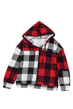 Multicolor Contrast Color Plaid Drawstring V Neck Hoodie