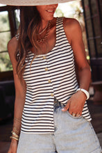 White Striped Print Button Front U Neck Tank Top