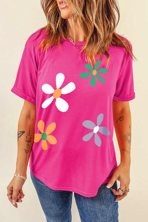 Rose Red Summer Flower Print Fashion Cotton Tee