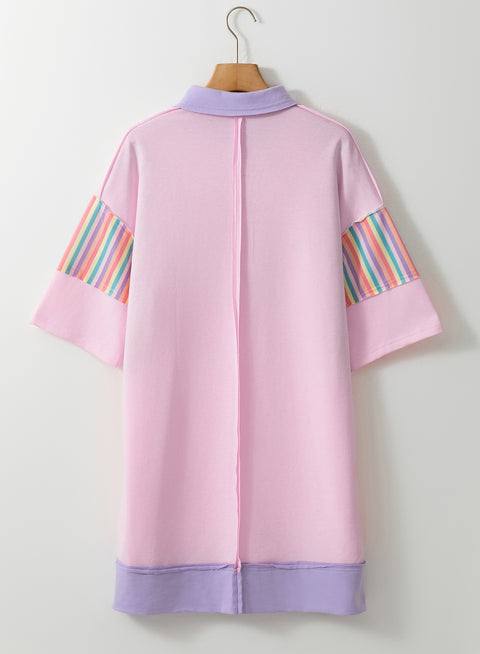 Pink Rainbow Stripe Half Sleeve Buttoned T Shirt Dress