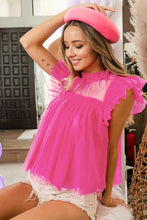 Strawberry Pink Tulle Ruffle Sleeve Flared Babydoll Blouse