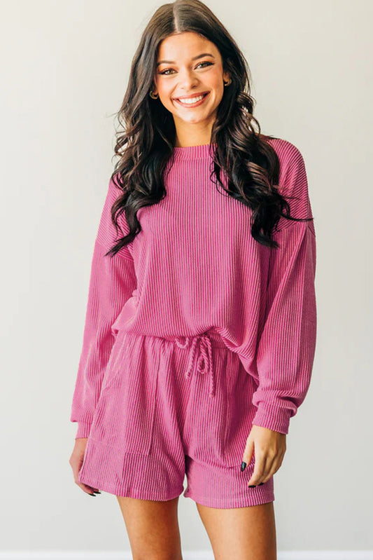 Strawberry Pink Corded Textured Long Sleeve Top and Shorts Set