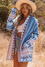 Gray Aztec Print Open Front Knitted Cardigan