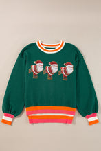 Blackish Green Shimmer Santa Clause Graphic Striped Trim Crew Neck Sweater