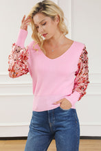 Pink Contrast Sequin Sleeve V Neck Ribbed Knit Sweater