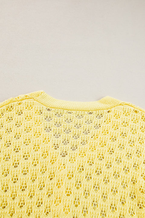 Yellow Pointelle Knit V Neck Sweater Cardigan