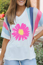 White Daisy Printed Striped Colorblock Sleeve V Neck T Shirt