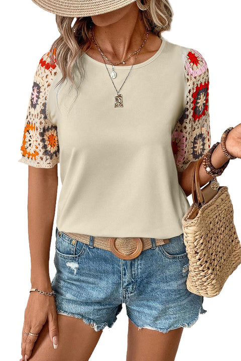 Parchment Floral Crochet Short Sleeve Top