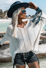 White Hollowed Detail Knitted Loose V Neck Sweater