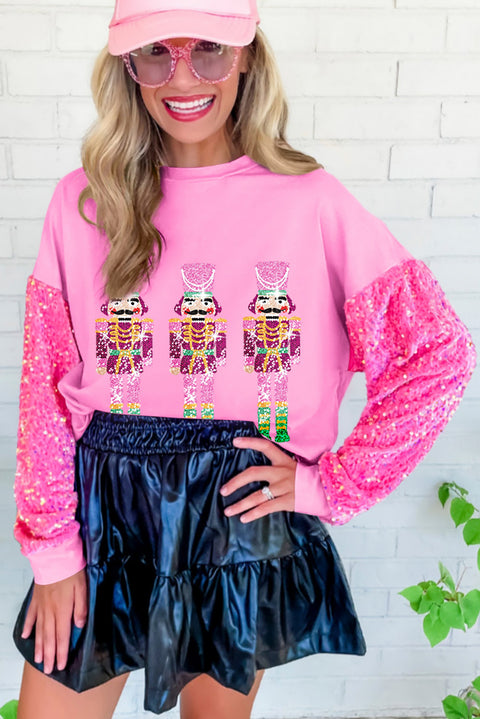 Pink Christmas Nutcracker Graphic Sequin Sleeve Sweatshirt