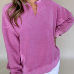 Bright Pink Solid Color Notched Neck Drop Shoulder Sweatshirt