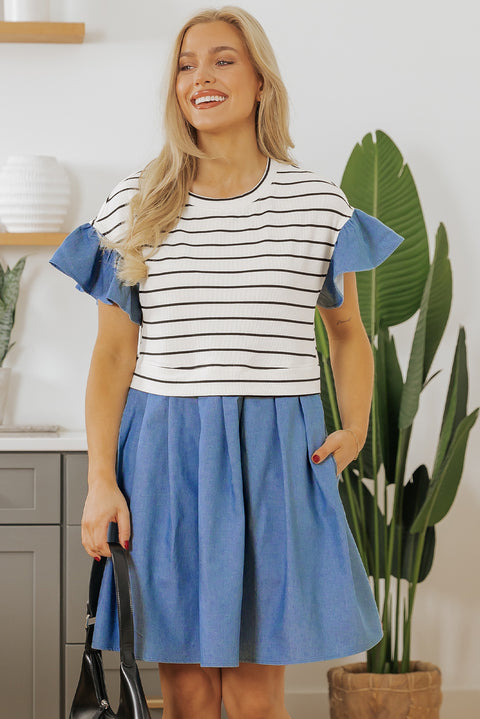 Black Stripe Ruffle Denim Patchwork Round Neck Mini Dress