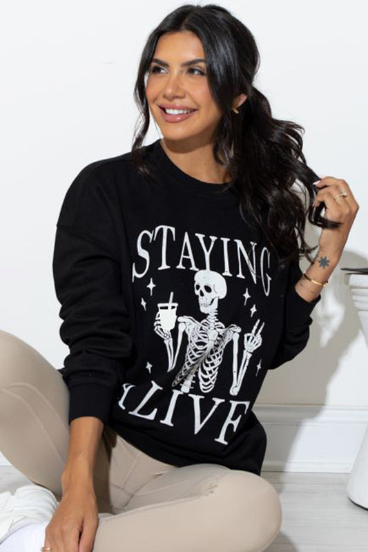 Black STAYING ALIVE Skull Graphic Crewneck Halloween Sweatshirt