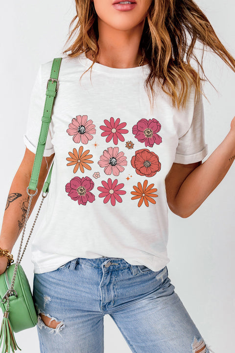 White Flower Graphic Crewneck T Shirt