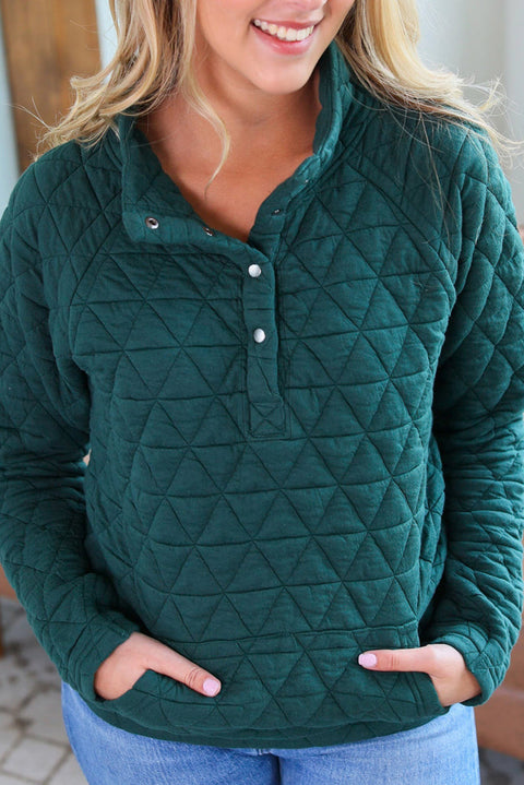 Blackish Green Plus Size Quarter Buttoned Pocketed Quilted Sweatshirt