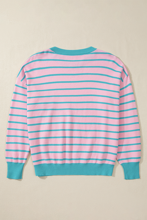 Pink Stripe Trimmed Round Neck Drop Shoulder Loose Sweater