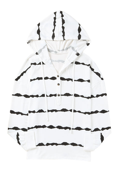 Striped Drawstring Button Long Sleeve Hoodie