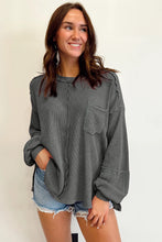 Black Exposed Seam Patchwork Bubble Sleeve Waffle Knit Top