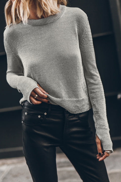 Gray Solid Color Thumbhole Sleeve Ribbed Edge Sweater