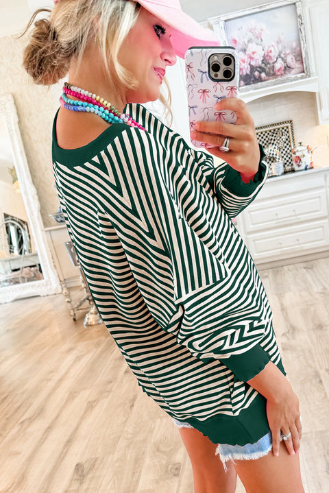 Green Stripe Loose Drop Shoulder Long Sleeve Top