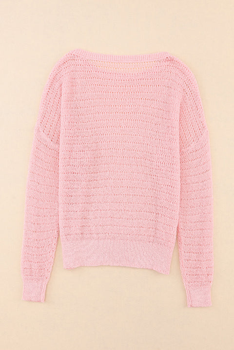 Knitted Eyelets Round Neck Long Sleeve Top