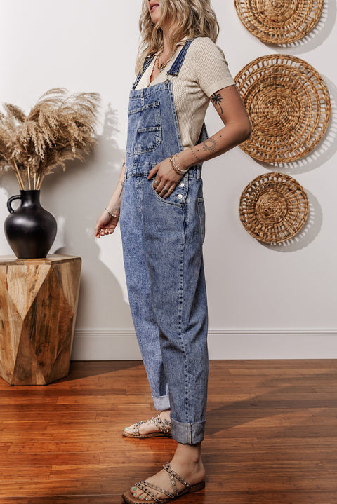 Sail Blue Denim Bib Straight Leg Jumpsuit with Pockets