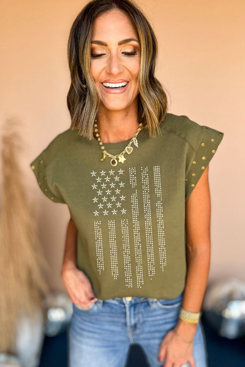 Guacamole Green Rhinestone Stars Stripes Graphic Studded Sleeve Tee