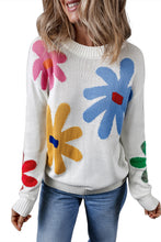 White Colorful Big Flower Pattern Crewneck Sweater