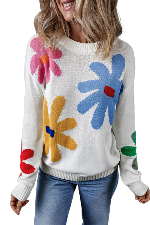 White Colorful Big Flower Pattern Crewneck Sweater