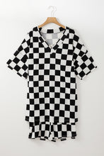 Black Checkered Pattern Tee and Shorts Plus Size Two Piece Set