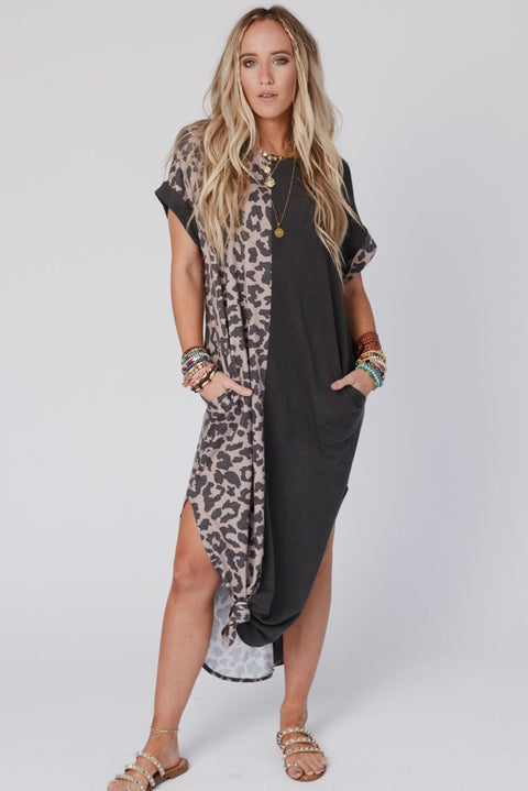 Contrast Solid Leopard Short Sleeve T-shirt Dress with Slits