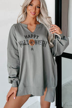 Medium Grey Sequin Happy Halloween Graphic Notched Neck Long Sleeve Loose Top