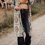 Brown Western Aztec Printed Open Front Long Cardigan