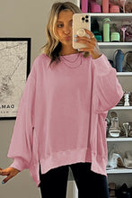 Pink Waffle Knit Bishop Sleeve Split Oversized Sweatshirt