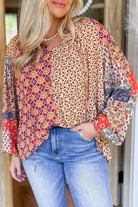 Orange Floral Geometric Patchwork Lace-up Crewneck Plus Size Blouse