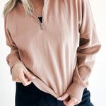 Smoke Gray Zipped Neck Pullover Drop Shoulder Sweatshirt