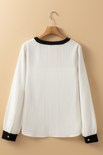 White Textured Colorblock V Neck Elegant Blouse