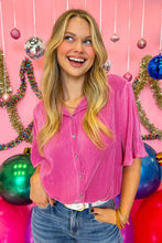 Bright Pink Satin Pleated Short Sleeve Shirt