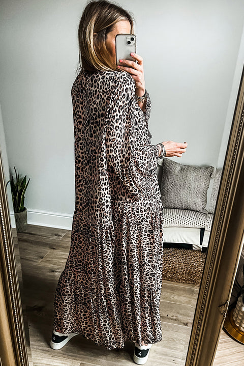 Apricot Leopard Print Tiered Wide Sleeve Maxi Dress